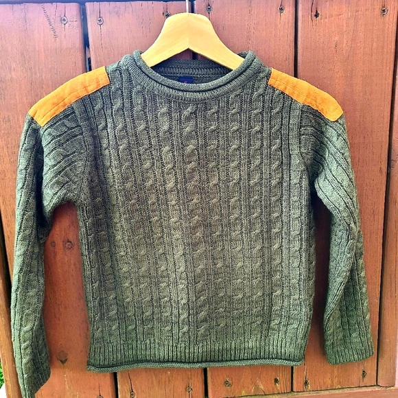 Class Club Little Boys Cable Knit Suede Shoulder Patch Sweater Olive Green Sz 5 - Picture 2 of 6